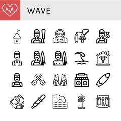 Set of wave icons such as Heartbeat, Tower, Sailing, Sos, Dubbing, Swimmer, Surfer, Wave, Wifi, Paddles, Fins, Radio, Surfboard, Moisturizer, Drop, Algarve, Signaling, Hydro power , wave