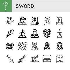Fototapeta premium Set of sword icons such as Mace, Pirate, Fencer, Tattoo, Throne, Weapon, Sword, Military, Armour, Catapult, Viking, Kendo, Knight, Katana, Treasure , sword