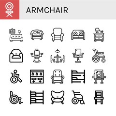 Set of armchair icons such as Chair, Living room, Sofa, Armchair, Nightstand, Dining table, Wheelchair, Disabled, Bar stool, Bunk bed, Drawing table , armchair