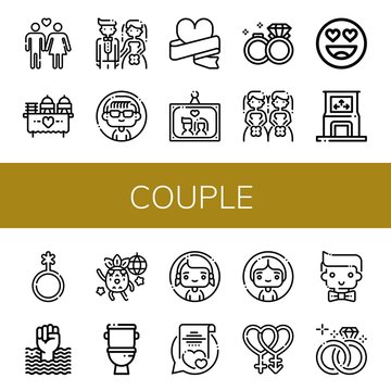 Set of couple icons such as Heterosexual, Wedding, Bride, Woman, Wedding photo, Wedding rings, Brides, In love, Dance, Genderqueer, World pride day, Dancing, Toilet, Vows , couple