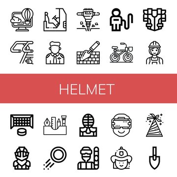 Set of helmet icons such as Virtual, Bike, Racing, Pilot, Jackhammer, Trowel, Astronaut, Bicycle, Armour, Builder, Hockey goal, Knight, Painting tools, Puck, Kendo, Snowboarder , helmet