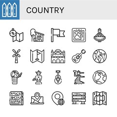 Set of country icons such as Fence, Map, Cottage, Flag, Regional dance, Windmill, Cairo citadel, Acoustic guitar, Globe, World, Samovar, Flamenco, Earth, Egypt, Fences , country