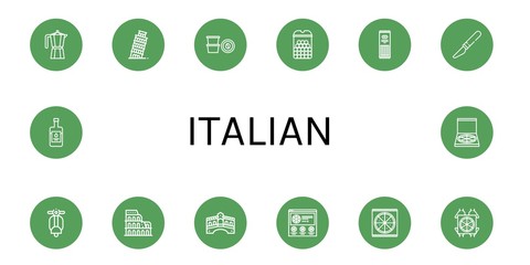 Set of italian icons such as Moka pot, Leaning tower of pisa, Coffee capsule, Cheese balls, Pasta, Slice, Vespa, Coliseum, Rialto bridge, Pizza, Pizza deliver, Balsamic vinegar , italian
