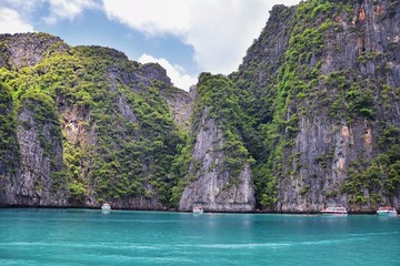 Island, Ocean views near Phuket Thailand with Blues, Turquoise and Greens oceans, mountains, boats,...