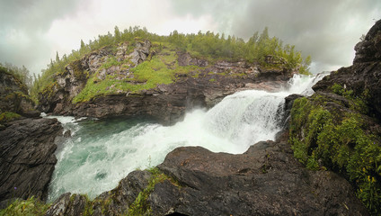 Wide angle panorama of Gaustafallet waterfall in Jamtland, Sweden