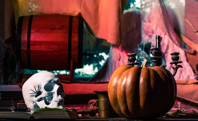 Fototapeta na wymiar Halloween Weekends. Skull with bug. Preparation Halloween holidays. Halloween 31 October. Halloween party in living room with pumpkins, jack-o-lantern.