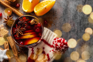 Mulled wine in glass with cinnammon