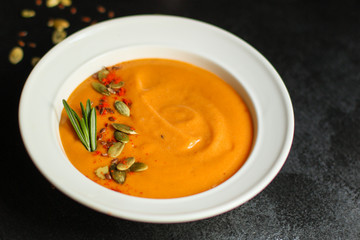 pumpkin soup (first course, delicious vegetable vitamin food) menu concept. food background. copy space. Top view