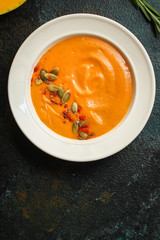 pumpkin soup (first course, delicious vegetable vitamin food) menu concept. food background. copy space. Top view