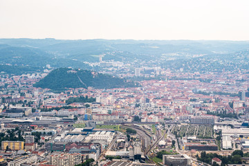 City Graz aerial view with district Gösting and railway station