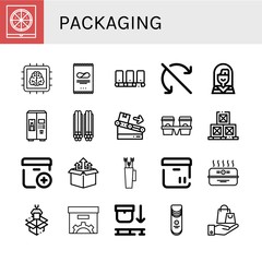 Set of packaging icons such as Pizza box, Chip, Crisps, Conveyor, Do not roll, Native american, Milk, Liquorice, Cup carrier, Boxes, Add package, Box, Bow, Cardboard box , packaging