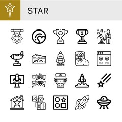 Set of star icons such as Star, Medal, Pluto, Trophy, Stargazing, Rocket, Hollywood, Christmas tree, Valenki, Testimonial, Startup, Garlands, Uncle sam, Shooting star, Actor ,