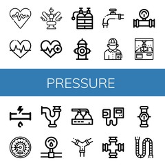 Set of pressure icons such as Heart rate, Heartbeat, Water pipe, Oxygen tank, Fire hydrant, Valve, Gas station attendant, Manometer, Clamp, Broken pipe, Barometer, Pipe , pressure