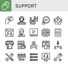 Set of support icons such as Applause, Give, Receptionist, Development, hours, Healthcare, Support, Volunteer, Video marketing, Online shopping, Smartphone, Doctor, Shop , support
