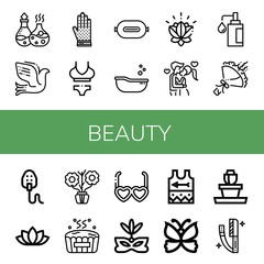 Set of beauty icons such as Essential oil, Dove, Chainmail, Bikini, P t, Baby tub, Lotus, Kiss, Soap, Bouquet, Mask, Lotus flower, Aromatic, Hot tub, Sunglasses, Eye mask , beauty