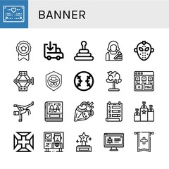 Set of banner icons such as Wedding certificate, Medal, Loading, Pyramid, Makeup artist, Hockey mask, Jack, Shield, Baseball, Melt, Add, Capoeira, Calculus, Artificial heart , banner