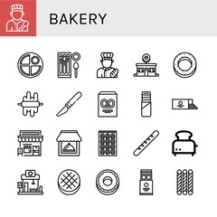 Set of bakery icons such as Chef, Pancake, Churros, Baker, Donut shop, Bagel, Dough, Slice, Pretzel, Pie, Loaf, Cafe, Restaurant, Baguette, Toaster, Round bread, Donut , bakery