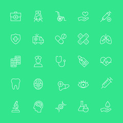 healthcare line white icons collection, medical thin set on blue background