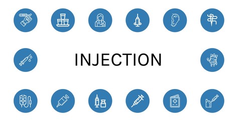 Set of injection icons such as Diabetes, Shots, Veterinarian, Syringe, Otoplasty, Needle, Blood bag, Vaccine, Vaccination, Facial treatment , injection