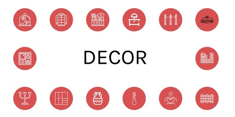 Set of decor icons such as Rose, Winter, Kitchen, Night stand, Fence, Flower crown, Candle holder, Closet, Vase, Heart, Wardrobe, Brick , decor