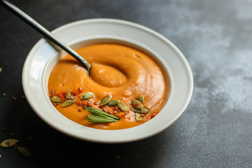 pumpkin soup (first course, delicious vegetable vitamin food) menu concept. food background. copy space. Top view