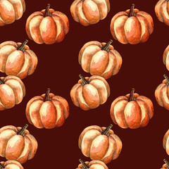 Seamless pattern with pumpkin, watercolor painting, vegetables on a colored background. Illustrations for postcards, banners, posters, fabrics, kitchens