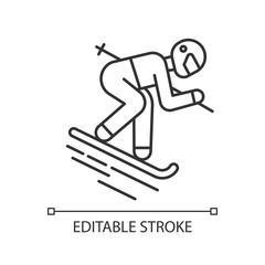 Skiing linear icon. Winter extreme sport, risky activity and adventure. Thin line illustration. Contour symbol. Vector isolated outline drawing. Skier downhill freestyle ride.  Editable stroke