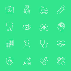 healthcare line white icons collection, medical thin set on blue background