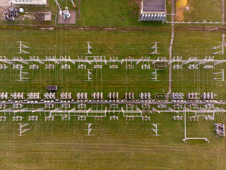 Aerial view power plant. High voltage electric power substation. Electrical transformer in voltage...