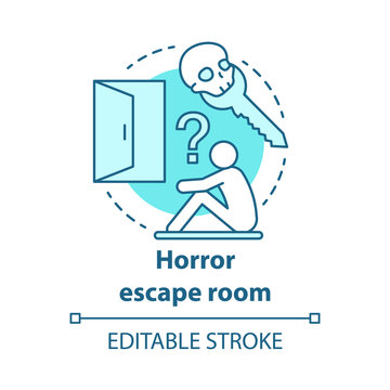 Horror escape room concept icon. Scary quest idea thin line illustration. Thematic strategy game. Looking for exit, key. Finding solution. Vector isolated outline drawing. Editable stroke
