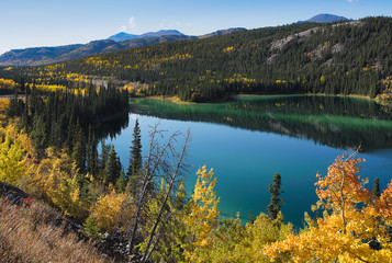 Emerald lake north of Carcross in the Yukon Territory with the trees showing autumn colours