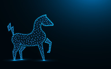 Powerful electric horse low poly design, animal abstract geometric image, zoo wireframe mesh polygonal vector illustration made from points and lines on dark blue background