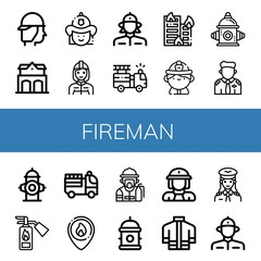 Set of fireman icons such as Firefighter, Fire station, Firewoman, Fire truck, Building on fire, hydrant, Pilot, extinguisher, Fireman, Hydrant, Firefighter uniform , fireman