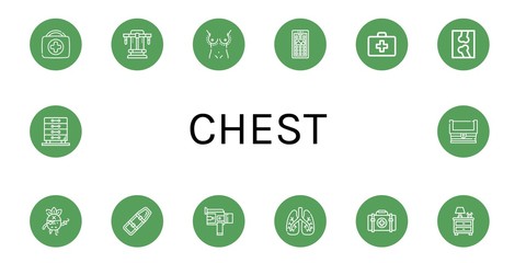 Set of chest icons such as First aid kit, Bench press, Breast enlargement, App drawer, X ray, Pirate, Spinal board, Super, Lungs, Nightstand, Drawers, Treasure , chest