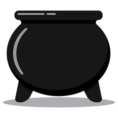 Vector retro black cast-iron empty cooking pot, camping boiler, iron witches cauldron halloween icon.