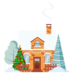 Winter rural farm brick house with fence and chimney decorated garland and wreath, spruces, christmas tree in flat style.