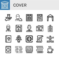 Set of cover icons such as Library, Serve, Waiter, Menu, Bookmark, Canopy, Law book, Catering, Book, Curriculum, Kentia, Drain, Literature, Technology, Books, Cup , cover
