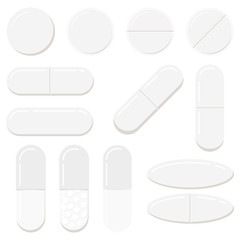 Pills and capsules templates set isolated on white background. White different forms medicine tablets drugs collection.