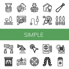 Set of simple icons such as Funnel, Tree, Creativity, Web, Reading, Key, House, Search, Baseball bat, Syringe, Chat, Fireplace, Shower, Map, Cursor, Gamepad, Passport , simple