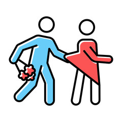 Date rape blue, red color icon. Women abuse, violent behavior. Sexual harassment of women, girls. Victim of assault. Unwanted sexual activity, sex without consent. Isolated vector illustration