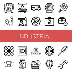 Set of industrial icons such as Electric meter, Tool, Robot arm, Oil pump, Lorry, Gear, Generator, Toolbox, Setting, Fan, Anvil, Socket, Tank, Production, Machinery , industrial