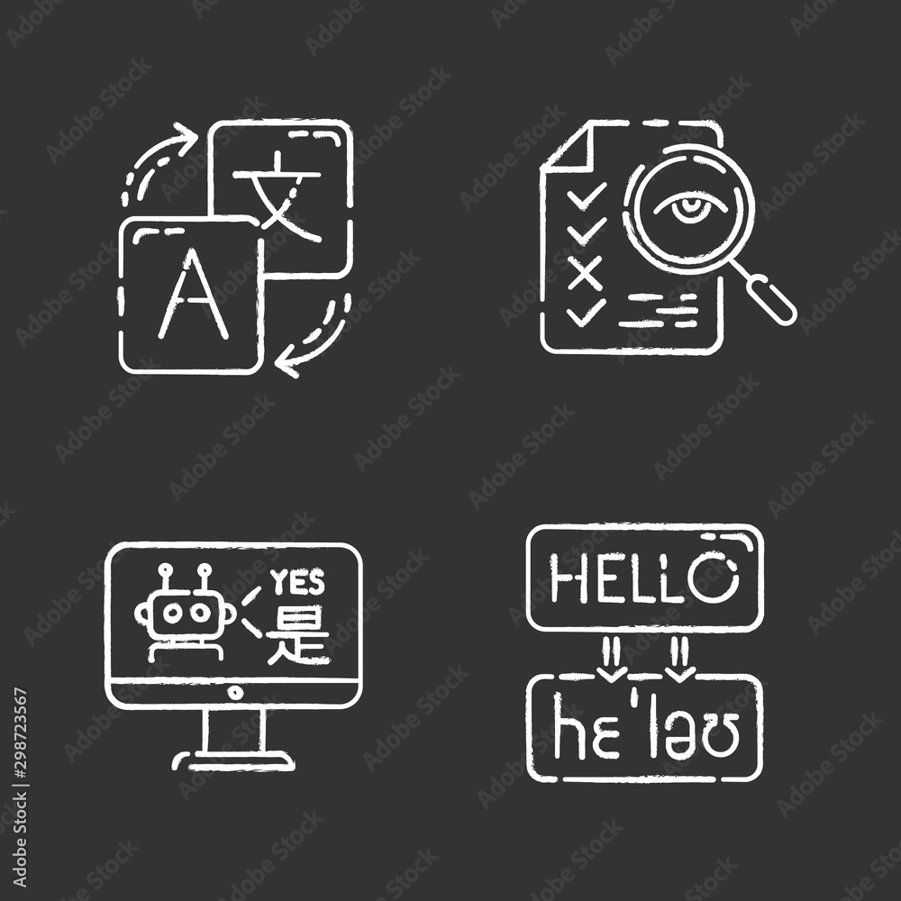 Sticker Machine translation services chalk icons set. Instant online translation. Multilingual chatbot. Artificial intelligence. Transcription and proofreading. Isolated vector chalkboard illustrations