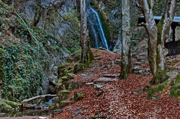 Autumn walk through the labyrinth of the Teteven Balkan with high peaks, river and waterfall, Stara Planina, Bulgaria  
