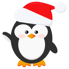 Flat cute and funny winter penguin in Santa Claus red christmas hat with fur and pompom isolated on white background.