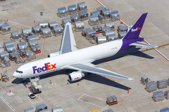 FedEx Express Boeing 767-300F airplane Los Angeles airport aerial view