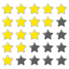 Golden star rating icon set with 5 star button in row isolated on white background.