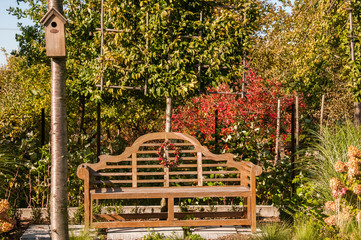 Jesienny ogród z angielską ławką drewnianą