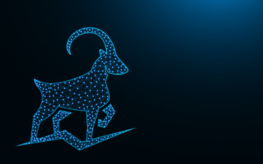 Powerful mountain goat low poly design, animal abstract geometric image, ibex wireframe mesh polygonal vector illustration made from points and lines on dark blue background