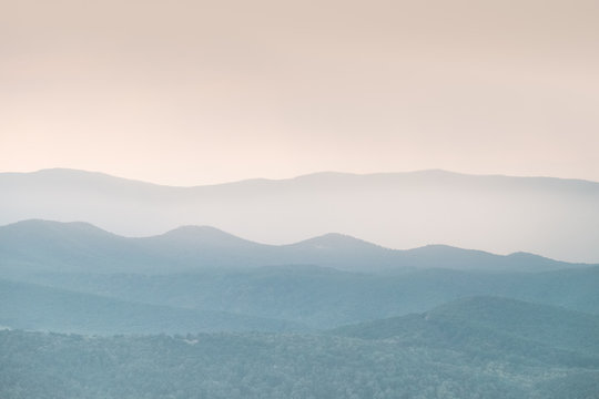 Blue Ridge Mountains At Sunset With Mist