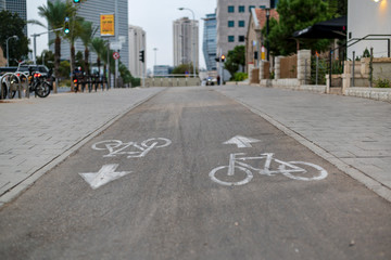 Asphalt cycle path on the main street of the city